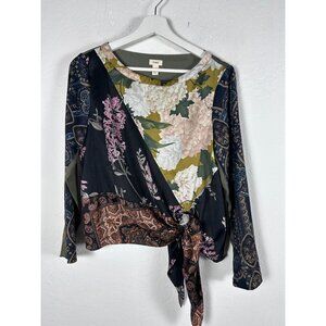 Anthropologie TINY Womens Green Floral "Patchwork Blooms" Tie Waist Blouse XSP